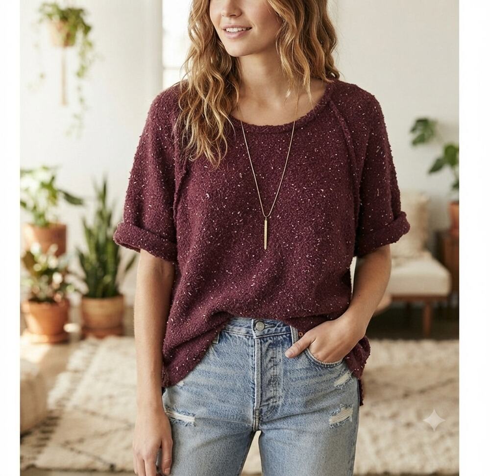 Free People Wool Blend Textured Slouchy Short Sleeve Top Oversized Burgundy S